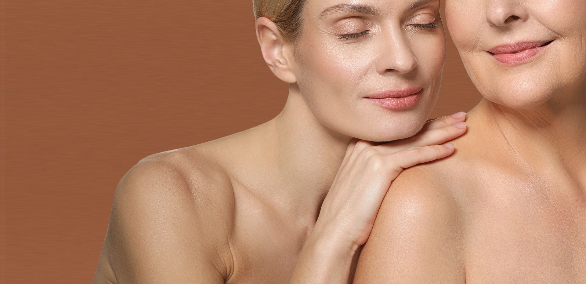 Two smiling women exuding tranquility